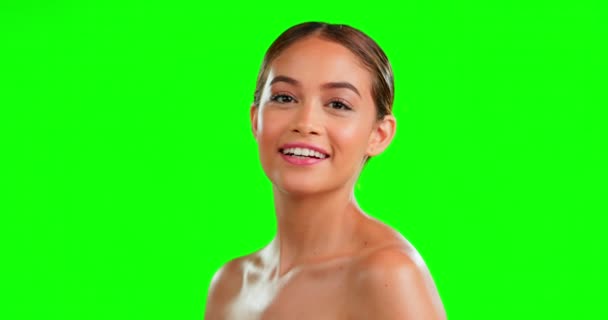 Cara Cosméticos Mujer Con Sonrisa Pantalla Verde Chica Confiada Fondo — Vídeo de stock