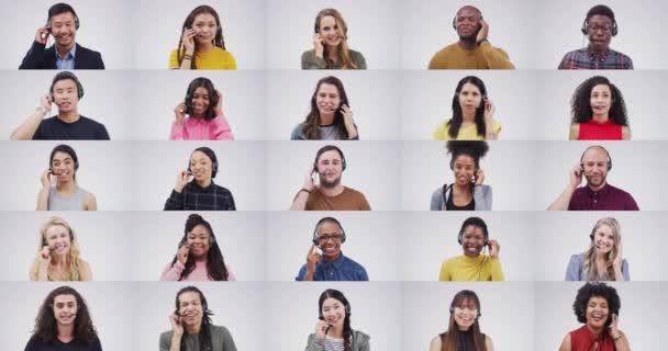 Telefoniczne Centrum Złożone Różnorodność Ludzie Telemarketingu Collage Komunikacji Rozmowy Szczęśliwy — Wideo stockowe