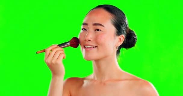 Belleza Maquillaje Persona Mujer Asiática Con Pincel Pantalla Verde Estudio — Vídeos de Stock