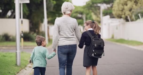 老女人和她的孙子孙女一起走出校门 在街上散步 保护或关心 一起和回顾奶奶牵手牵着孩子走在路上 — 图库视频影像