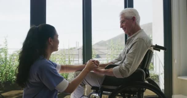 看護師 高齢者や車椅子の家 尊敬と手を保持するための話と優しさ 老人ホームでの医療女性 介護者 高齢者 チャットや朝の日差し — ストック動画