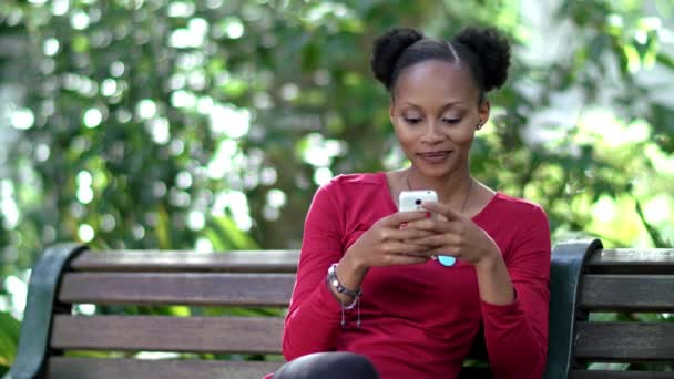 ネットワーク 通信やソーシャルネットワークのための公園のベンチ上の電話で幸せ 肖像画や黒人女性 自然や女の子は電子メールを読むためのスマートフォンでリラックスします ブログニュースやウェブサイトの漫画コンテンツ — ストック動画