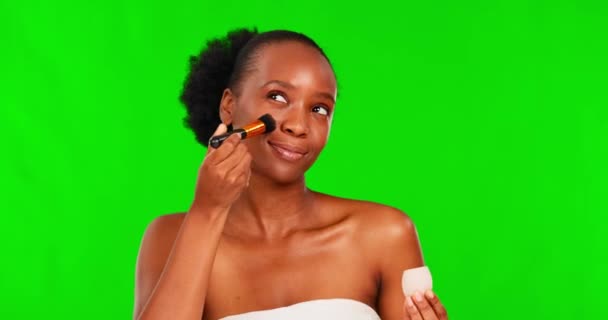 Kosmetik Make Und Schwarze Frau Mit Pinsel Auf Grünem Bildschirm — Stockvideo