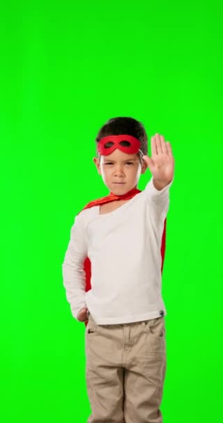 Stop Hand Superhero Child Green Screen Warning Imagination Protest Costume — Stock Video