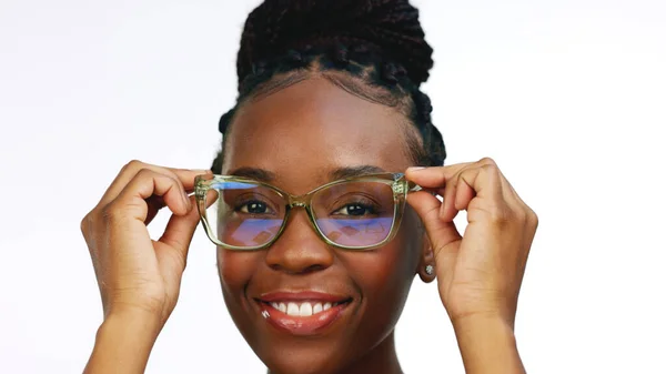 Arc Fekete Szemüveg Tiszta Látás Izgatott Boldog Lány Elszigetelt Fehér — Stock Fotó