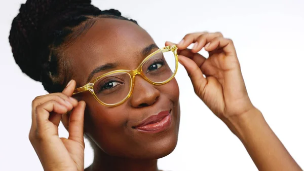 Twarz Czarna Kobieta Okulary Dla Wizji Szczęścia Inteligentnej Pani Izolowane — Zdjęcie stockowe