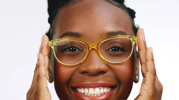 Mulher Negra Visão Óculos Rosto Moda Quadro Designer Diversão Lente — Fotografia de Stock