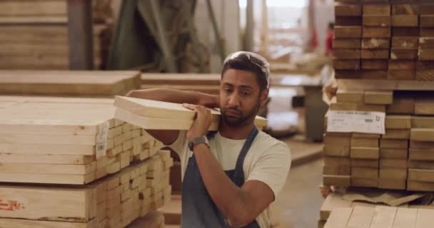Almacén Hombre Trabajador Almacenaje Cansado Con Madera Producto Madera Aserrada — Vídeos de Stock