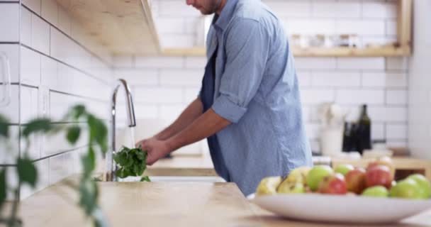 Gemüse Waschen Gesund Und Ein Mann Der Küche Zum Kochen — Stockvideo
