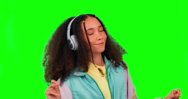 Dance Happy Woman Headphones Green Screen Confident Girl Studio Background — Stock Video