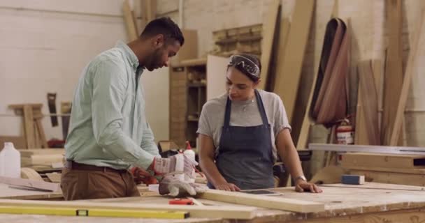 Carpintero Conversador Una Mujer Aprendiendo Taller Para Fabricación Madera Proceso — Vídeos de Stock