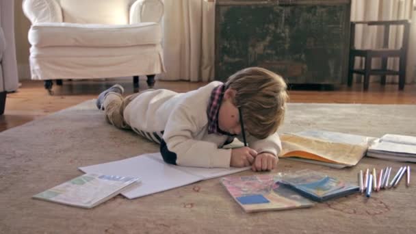 Education Writing Homework Child Carpet Living Room Learning Growth Development — Stock Video