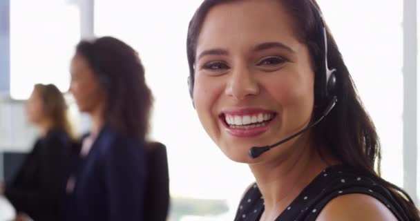 Call Center Customer Support Face Happy Woman Office Contact Advice — Stock Video