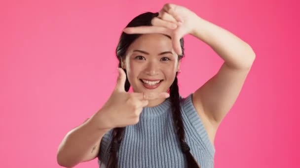 Hand Frame Face Asian Woman Studio Positive Creative Posing Focus — Stock Video