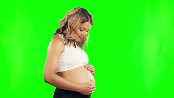 Estómago Embarazada Una Mujer Feliz Una Pantalla Verde Con Una — Vídeos de Stock