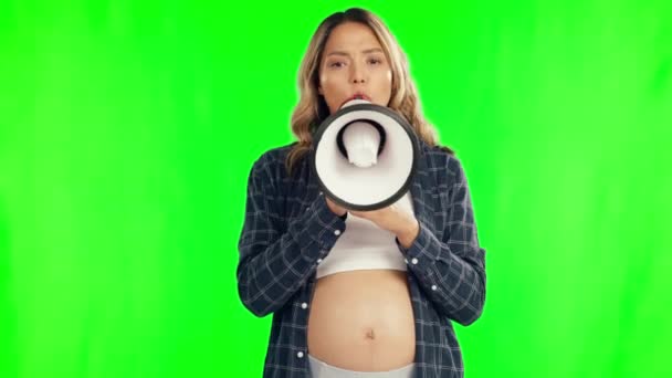 Yeşil Ekran Duyurusu Megafon Iletişimi Konuşan Konuşan Bildiren Hamile Kadın — Stok video