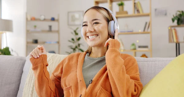 Headphones Home Happy Woman Listening Music Mental Health Youth Radio — Stock Photo, Image