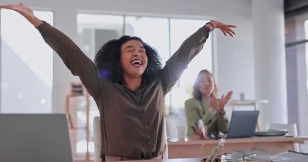Happy Black Woman Business Cheers Winner Paper Confetti Cheers Achievement — Stock Video