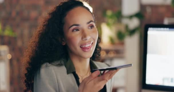 Office Speaker Phone Networking Woman Smartphone Desk Talking Smile Happy — Stock Video