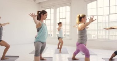 Yoga dersi, spor ve spor bir grup kadınla birlikte pilates, denge ve esneme hareketleri için. Çalışma, eğitim ve vücut sağlığı ve sağlık için stüdyodaki çeşitlilik.