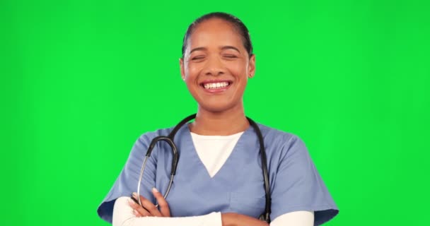 Gezondheidszorg Portret Verpleegster Vrouw Groen Scherm Met Gekruiste Armen Trots — Stockvideo