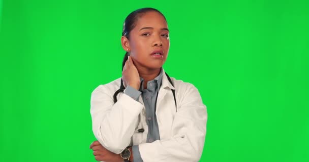Écran Vert Médecin Femme Avec Douleur Cou Visage Souffrance Sur — Video