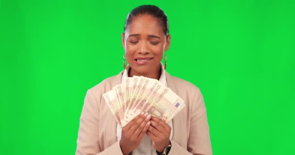 Готівка Ризик Жінка Зеленому Екрані Проблем Азартними Іграми Лотерейне Рішення — стокове відео