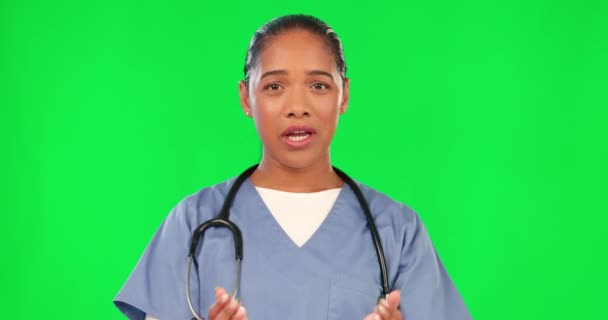 Gezondheidszorg Verpleegkundige Vrouw Praten Groen Scherm Voor Overleg Handgebaar Portret — Stockvideo