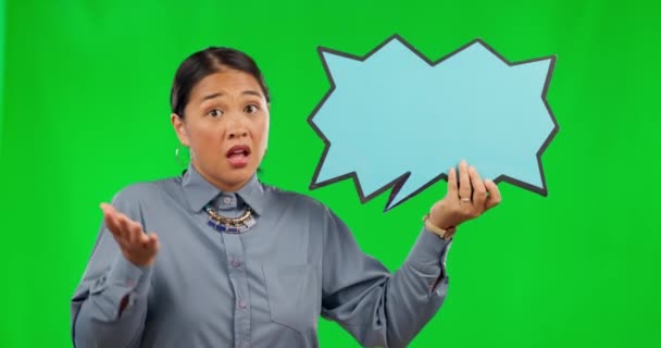 Mulher Asiática Bolha Fala Pergunta Tela Verde Para Ideia Comentário — Vídeo de Stock
