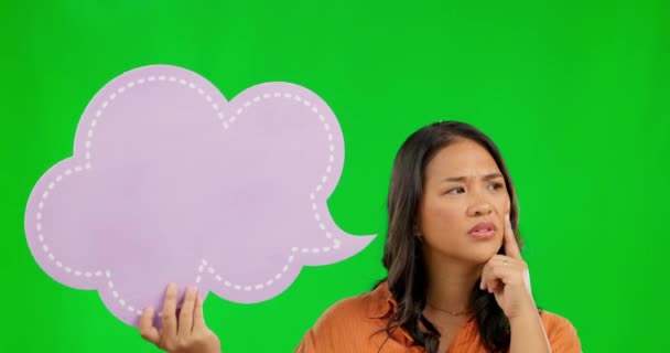 Asiatin Denk Und Sprechblase Mit Lösung Auf Grünem Bildschirm Für — Stockvideo