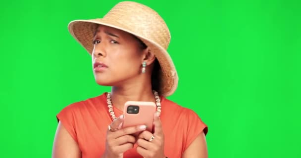 Θλιβερή Γυναίκα Πράσινη Οθόνη Τηλέφωνο Πρόβλημα Δικτύου Για Ταξιδέψουν Απογοητευμένοι — Αρχείο Βίντεο