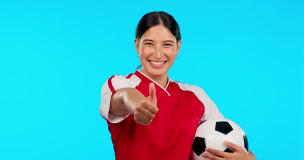 Спорт Великі Пальці Вгору Футбол Обличчям Жінки Студії Переможця Мотивації — стокове відео