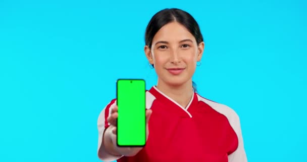 Телефон Женщина Зеленый Экран Хрома Ключ Маркетинг Спортсменом Спортивной Мобильной — стоковое видео