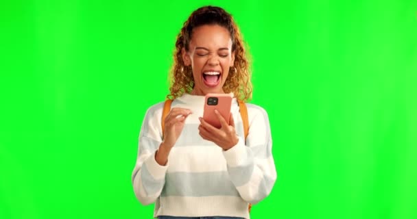 Happy Woman Phone Dance Celebration Green Screen Winning Studio Background — Stock Video