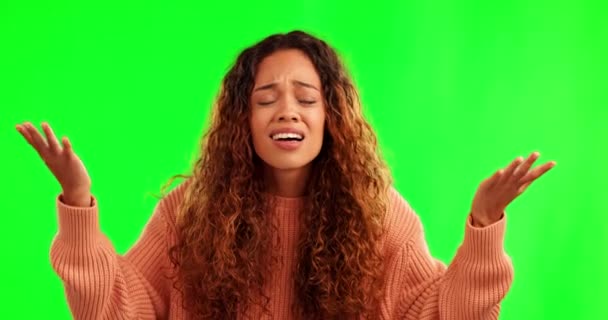 Stres Gagal Dan Wajah Wanita Studio Layar Hijau Dengan Reaksi — Stok Video