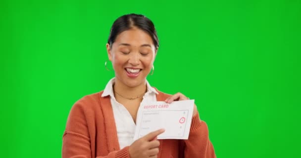 Cartão Relatório Rosto Mulher Apresentação Tela Verde Com Polegares Para — Vídeo de Stock