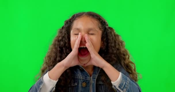 Green Screen Wow Girl Shouting Announcement Kid Studio Background Face — Stock Video