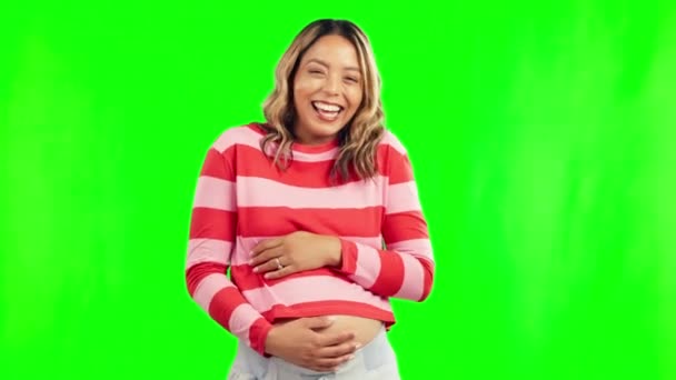 Pantalla Verde Cara Estómago Mujer Embarazada Feliz Estudio Para Bienestar — Vídeos de Stock