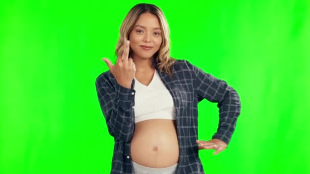 Hamile Yeşil Ekran Stüdyoda Orta Parmağı Çatışma Nefret Kaba Jest — Stok video