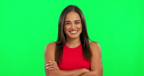 Feliz Retrato Mujer Con Los Brazos Cruzados Pantalla Verde Con — Vídeos de Stock