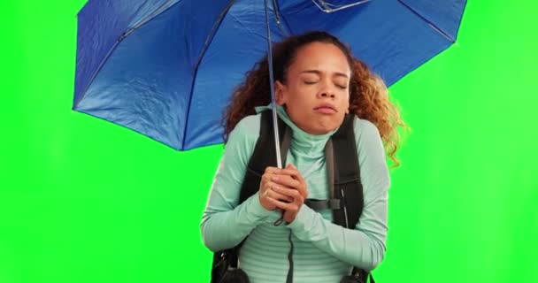 Kadın Şemsiye Yağmur Havası Seyahat Macera Soğuk Havada Düşünmek Için — Stok video