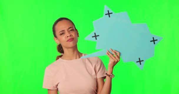 Tela Verde Bolha Fala Mulher Confusa Sacudir Cabeça Para Problema — Vídeo de Stock