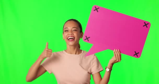 Bańka Mowy Jak Kobieta Zielonym Ekranie Kciuki Góry Sukces Komunikacji — Wideo stockowe