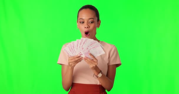 Para Hayran Kadın Yeşil Ekranda Wow Kazanan Ikramiye Finansal Başarı — Stok video