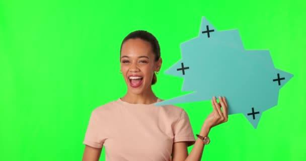 语音泡沫 绿色屏幕 大拇指女性 交流成功 有或有类似的情感 具有语音 营销空间或海报模型的工作室背景和跟踪标记的人的脸 — 图库视频影像