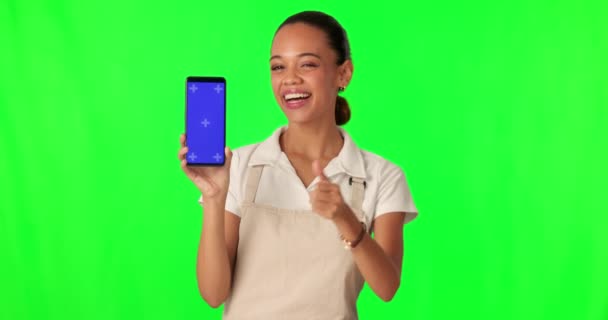 Telefon Yeşil Ekran Baş Parmaklı Kasiyer Kadın Başarı Mobil Uygulama — Stok video