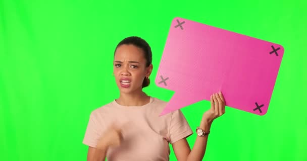 Tela Verde Bolha Fala Mulher Confusa Apontando Sacudir Cabeça Para — Vídeo de Stock