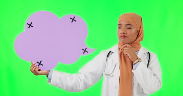 在绿色屏幕上显示穆斯林妇女面部的思考 言语泡沫和医生 以进行模仿 规划和决策 带有工作室背景人员肖像的医疗 保健和医药 — 图库视频影像