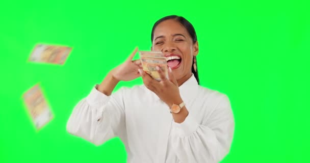Erfolg Geld Und Lachen Mit Geschäftsfrau Auf Grünem Bildschirm Für — Stockvideo