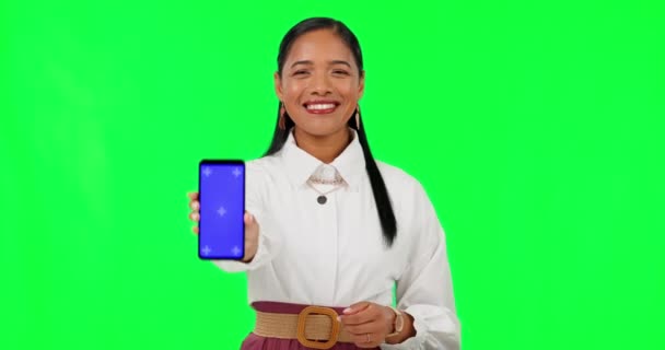 Teléfono Pantalla Verde Pulgares Hacia Arriba Con Mujer Negocios Marcadores — Vídeo de stock